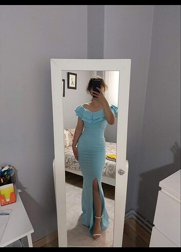 36 Beden mavi Renk Bebe Mavisi Fırfır Detaylı Abiye Elbise