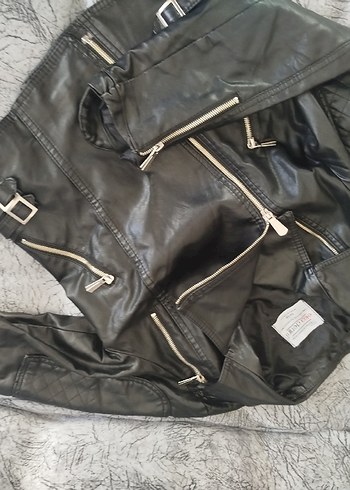 s Beden siyah Renk Kadın Siyah Deri Kemerli Biker Ceket