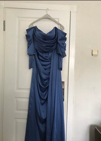 Uzun Kollu Drapeli Mavi Abiye Elbise - Görsel 3