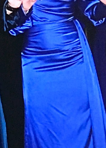 Uzun Kollu Drapeli Mavi Abiye Elbise - Görsel 2