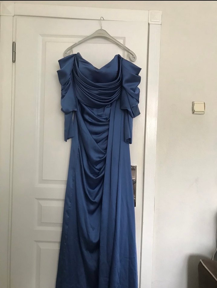 Uzun Kollu Drapeli Mavi Abiye Elbise - Görsel 3