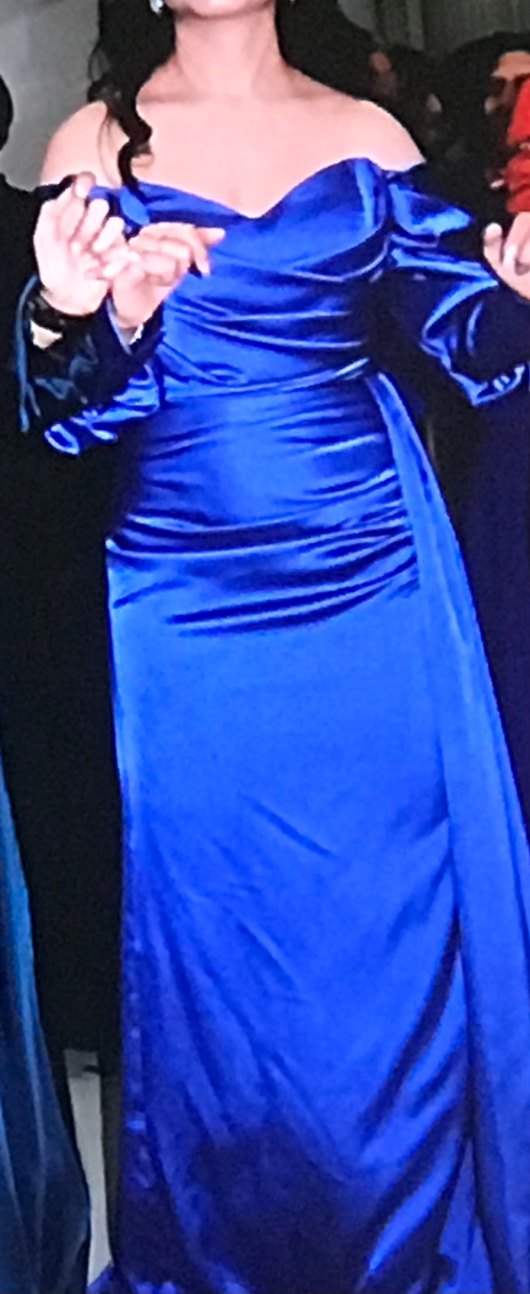 Uzun Kollu Drapeli Mavi Abiye Elbise - Görsel 2