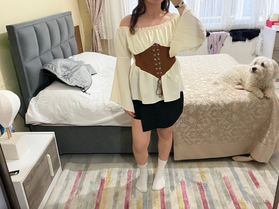 Bej Deri Kemerli Straplez Bluz - Görsel 3