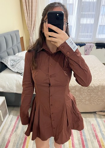 Düğmeli Kahverengi Midi Kadın Elbise - Görsel 2