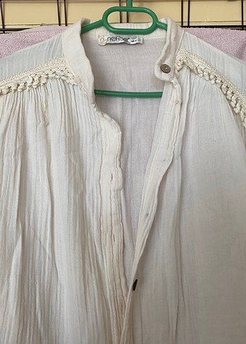 Bej müslin Kadın Gömlek, Düğmeli, Bol Kesim - Görsel 2