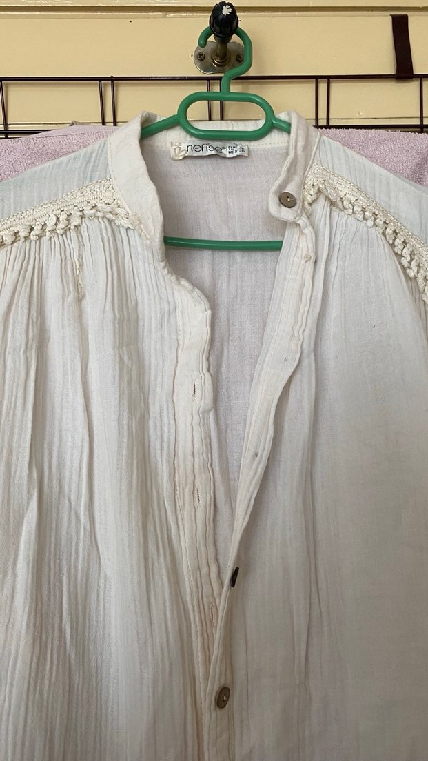 Bej müslin Kadın Gömlek, Düğmeli, Bol Kesim - Görsel 2