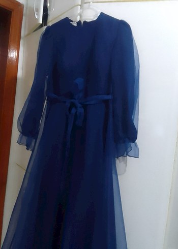 Uzun Kollu Koyu Mavi Vintage Elbise - Görsel 2