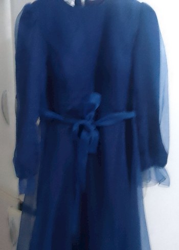 Uzun Kollu Koyu Mavi Vintage Elbise - Görsel 3