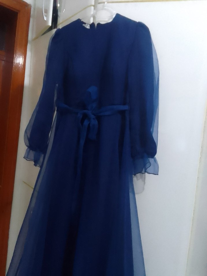 Uzun Kollu Koyu Mavi Vintage Elbise - Görsel 2