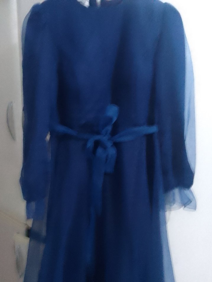 Uzun Kollu Koyu Mavi Vintage Elbise - Görsel 3