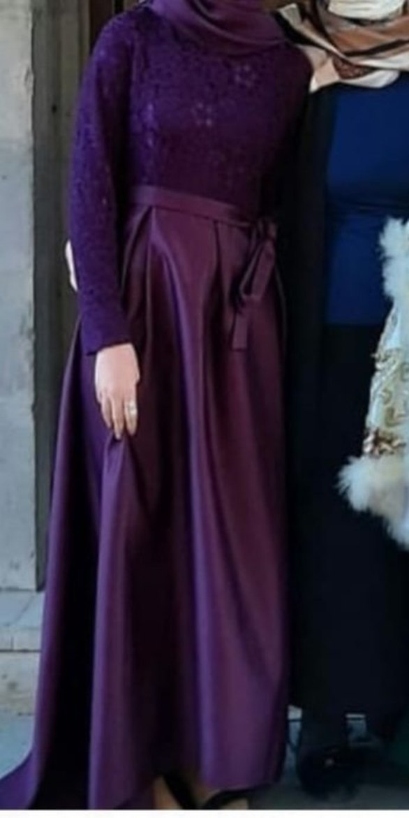 Mor Uzun Kollu Gotik Kadın Abiye Elbise - Görsel 2