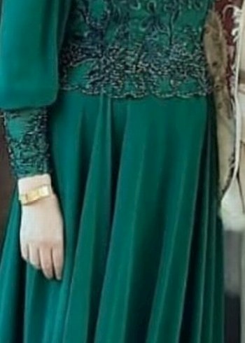 Yeşil Uzun Kollu Drapeli Abiye Elbise - Görsel 2