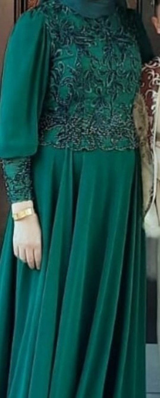 Yeşil Uzun Kollu Drapeli Abiye Elbise - Görsel 2