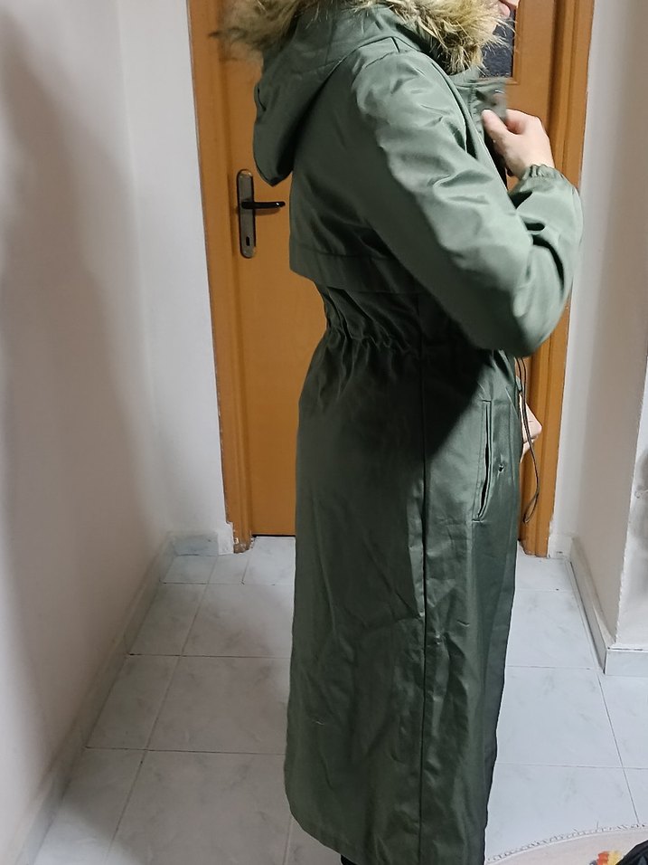 Kadın Haki Kamuflaj Kemerli Mont - Görsel 4