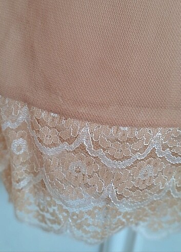 KREM RENGİ ŞİFON DANTELLİ GECELİK KOMBİNEZON - Görsel 3