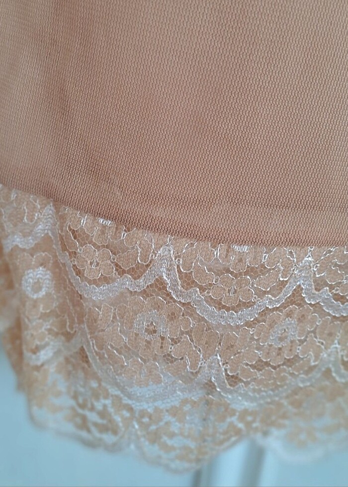 KREM RENGİ ŞİFON DANTELLİ GECELİK KOMBİNEZON - Görsel 3