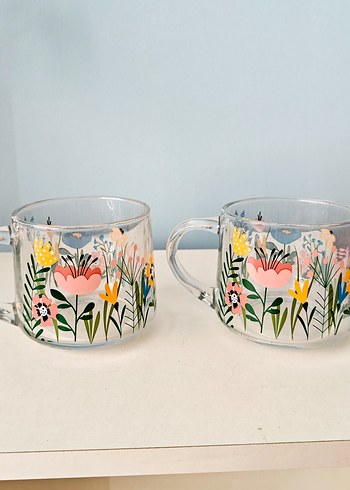 Çiçek Desenli Şeffaf Cam Kupa Seti - Görsel 2