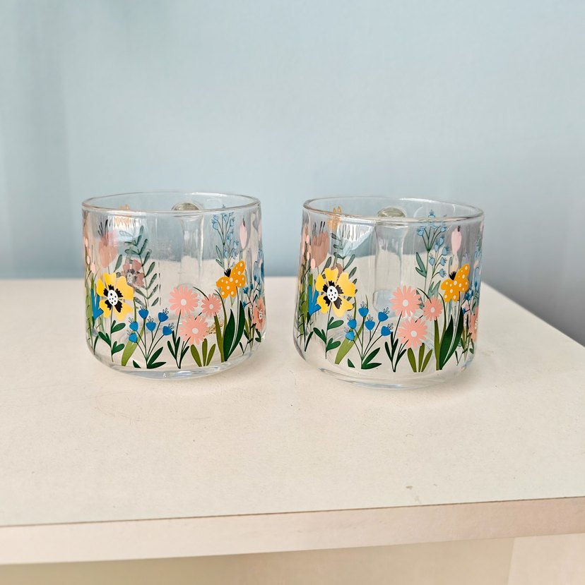 Çiçek Desenli Şeffaf Cam Kupa Seti - Görsel 4