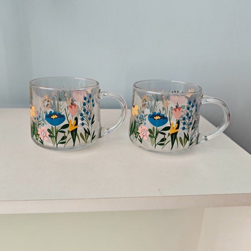 Çiçek Desenli Şeffaf Cam Kupa Seti - Görsel 3