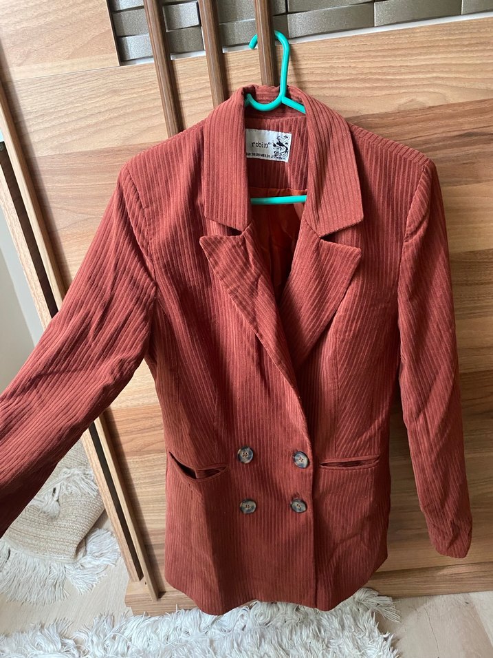 Düğmeli Kahverengi Kadife Kadın Blazer Ceket - Görsel 2