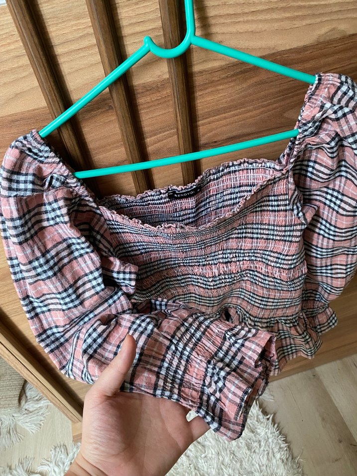 Pembe Ekose Desenli Uzun Kollu Bluz - Görsel 3