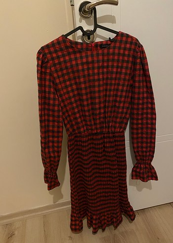 Kareli Kırmızı Midi Mini Elbise - Görsel 2