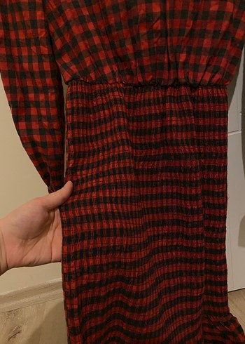 Kareli Kırmızı Midi Mini Elbise - Görsel 3