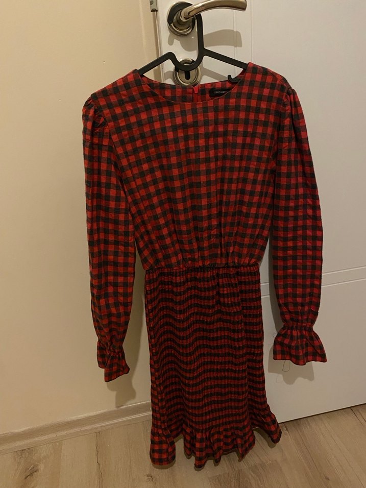 Kareli Kırmızı Midi Mini Elbise - Görsel 2