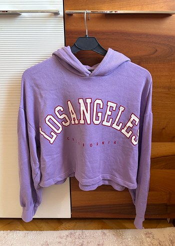 Mor Kapüşonlu Uzun Kollu Sweatshirt