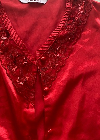 Kadın saten Kırmızı Kısa Kollu Pijama Takımı - Görsel 6