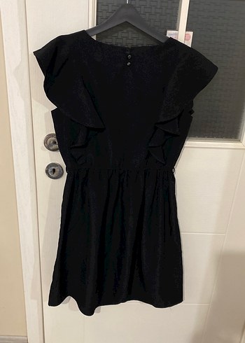 Siyah Midi V Yaka Fırfırlı Elbise - Görsel 2