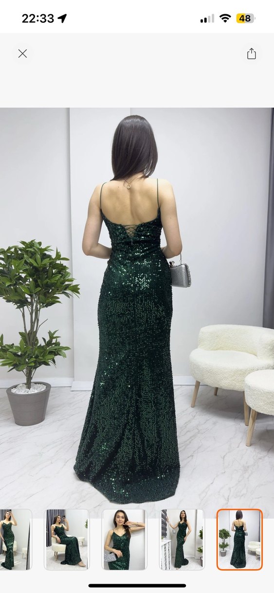 Parlak Yeşil Simli V Yaka Uzun Abiye Elbise - Görsel 3