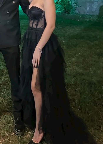 Siyah Straplez Tül Elbise - Görsel 2