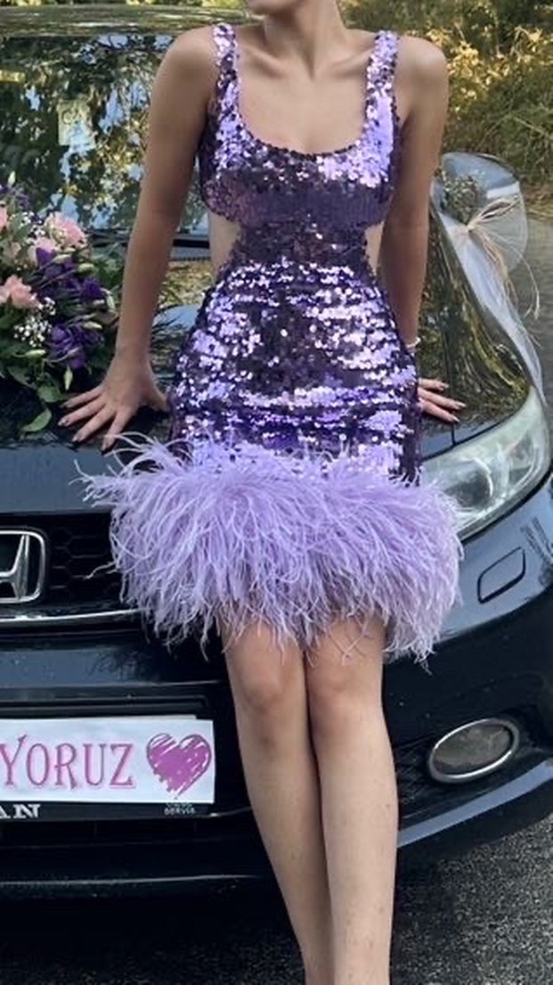 New Arrivals Payetli Mor Mini Abiye Elbise - Görsel 3