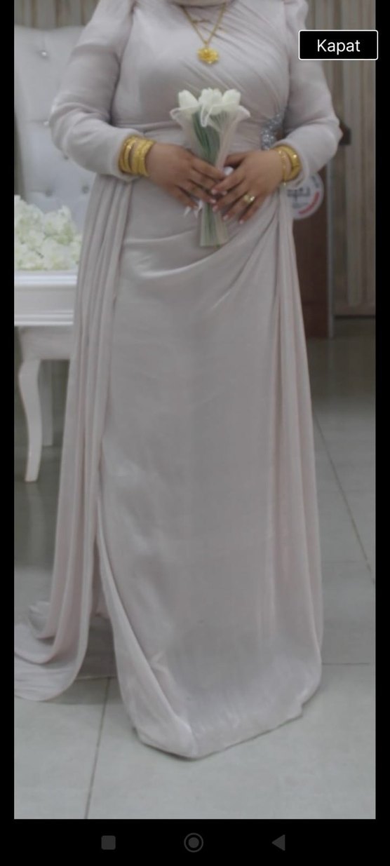 Bej Drapeli Uzun Kollu Abiye Elbise - Görsel 2