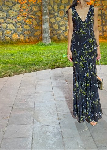 Zara V Yaka Pilili Lacivert Uzun Elbise - Görsel 4