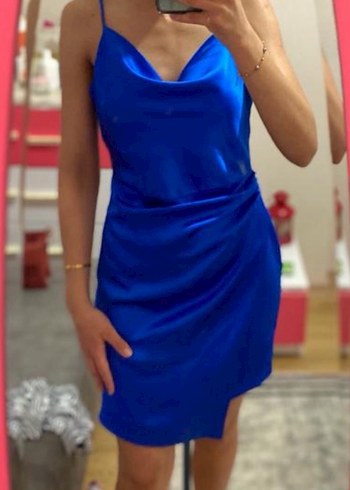 Saten Mavi Drapeli Mini Elbise - Görsel 2