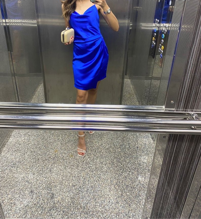 Saten Mavi Drapeli Mini Elbise - Görsel 3