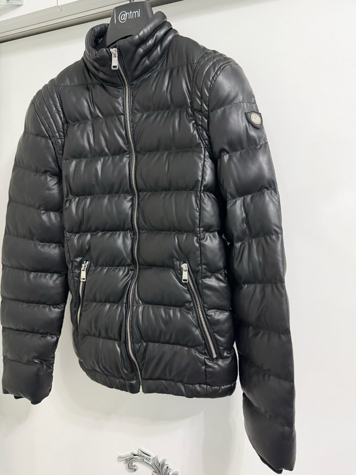 Siyah Deri Şişme Biker Mont - Görsel 2