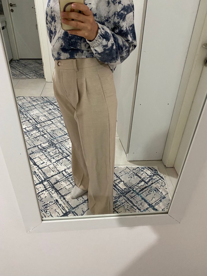 Bej Normal Boy Kadın Keten Kumaş Pantolon - Görsel 2