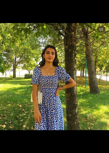 Mavi Çiçek Desenli Midi Elbise
