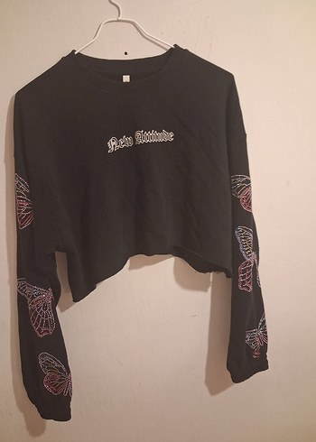 Defacto Gotik Siyah Crop Uzun Kollu Tisort
