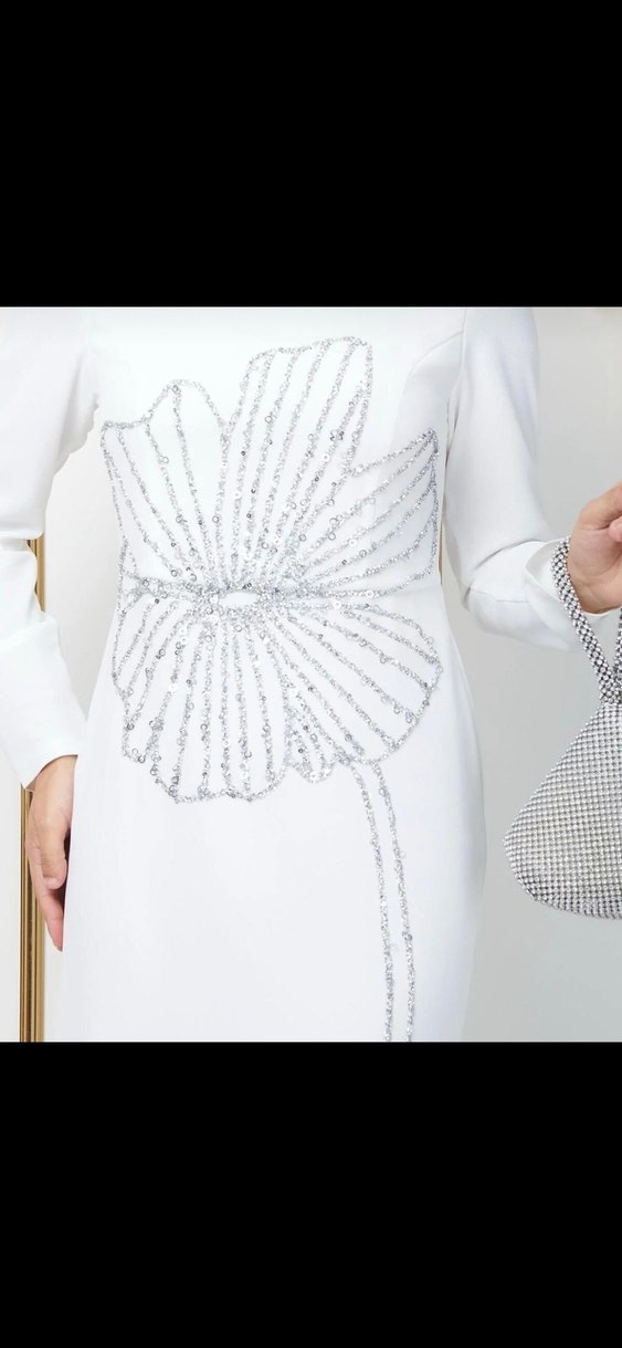 Beyaz Uzun Kollu İşlemeli Abiye Elbise - Görsel 2