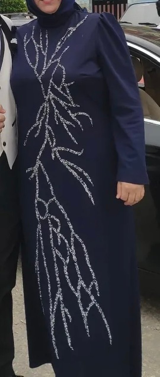 Mavi İşlemeli Boncuklu Uzun Abiye Elbise - Görsel 2