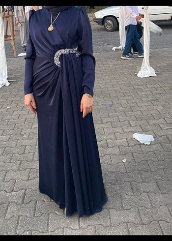 Drapeli Lacivert Uzun Abiye Elbise