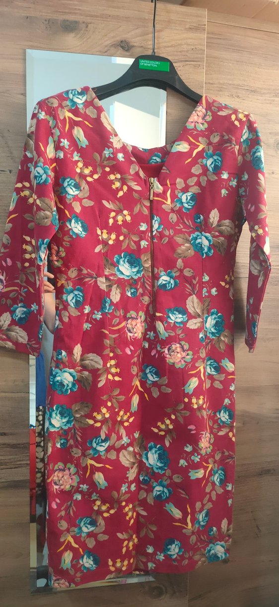 Bordo Çiçekli,streç pazen elbise - Görsel 2