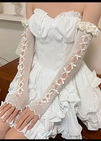 Beyaz Dantel Detaylı Gotik Kadın Eldiveni