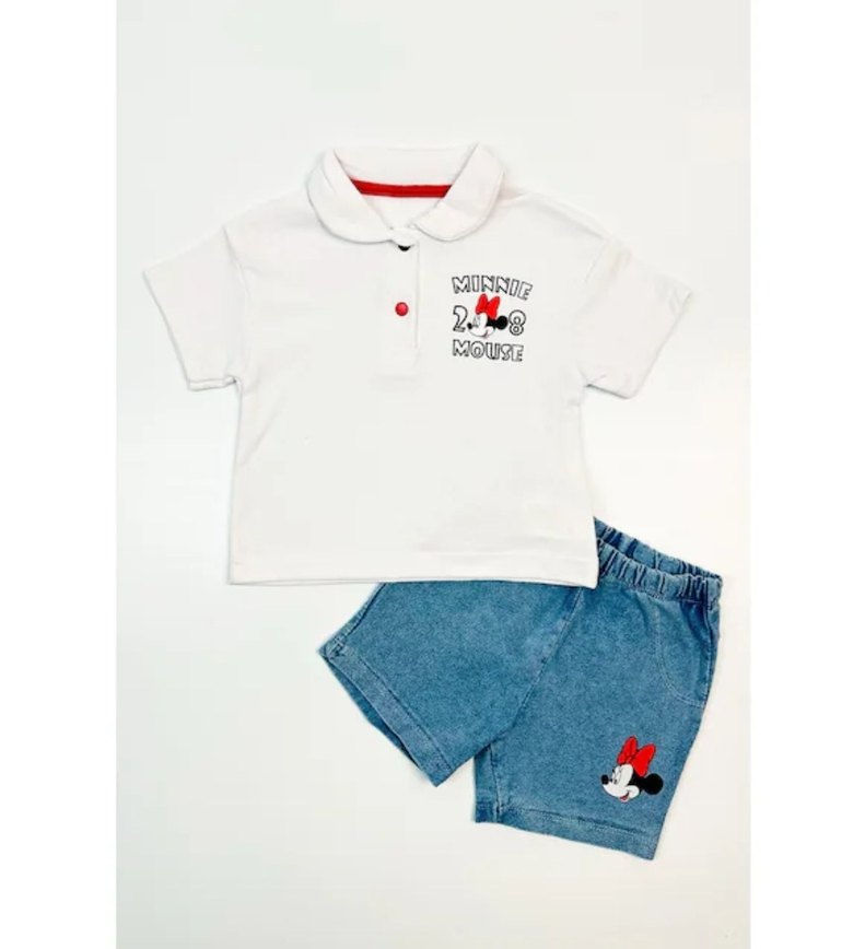 Kız Çocuk Renkli Minnie Mouse Denim Şort Takımı - Görsel 4