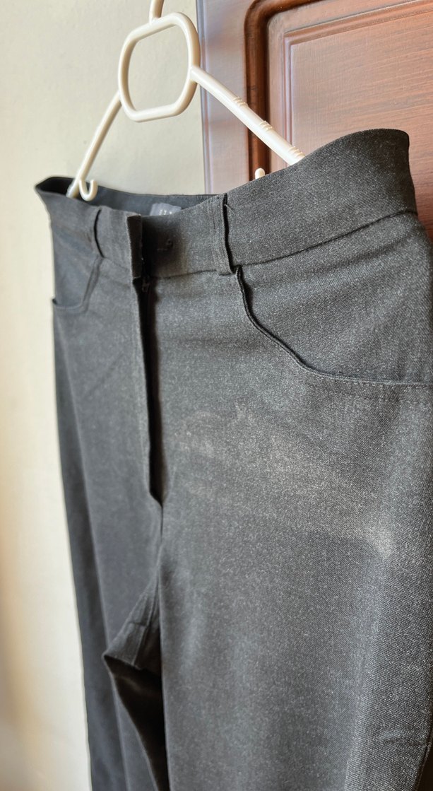 Gri Kadın Kemerli Denim Kumaş Pantolon - Görsel 3