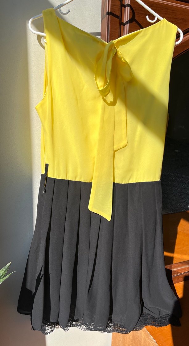 Sarı Siyah Pilili Midi Elbise - Görsel 5